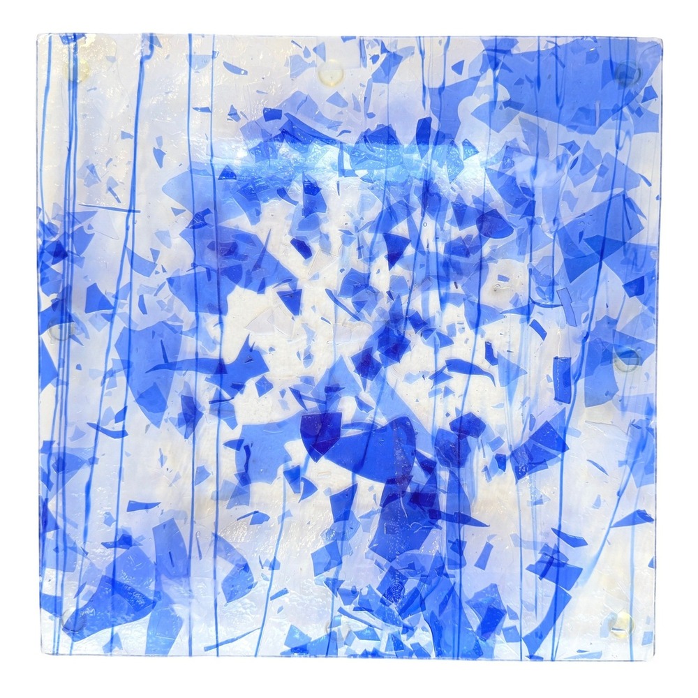 Vintage Fused Glass Square Plate 10" Blue Confetti Mosaic Art Glass Dish